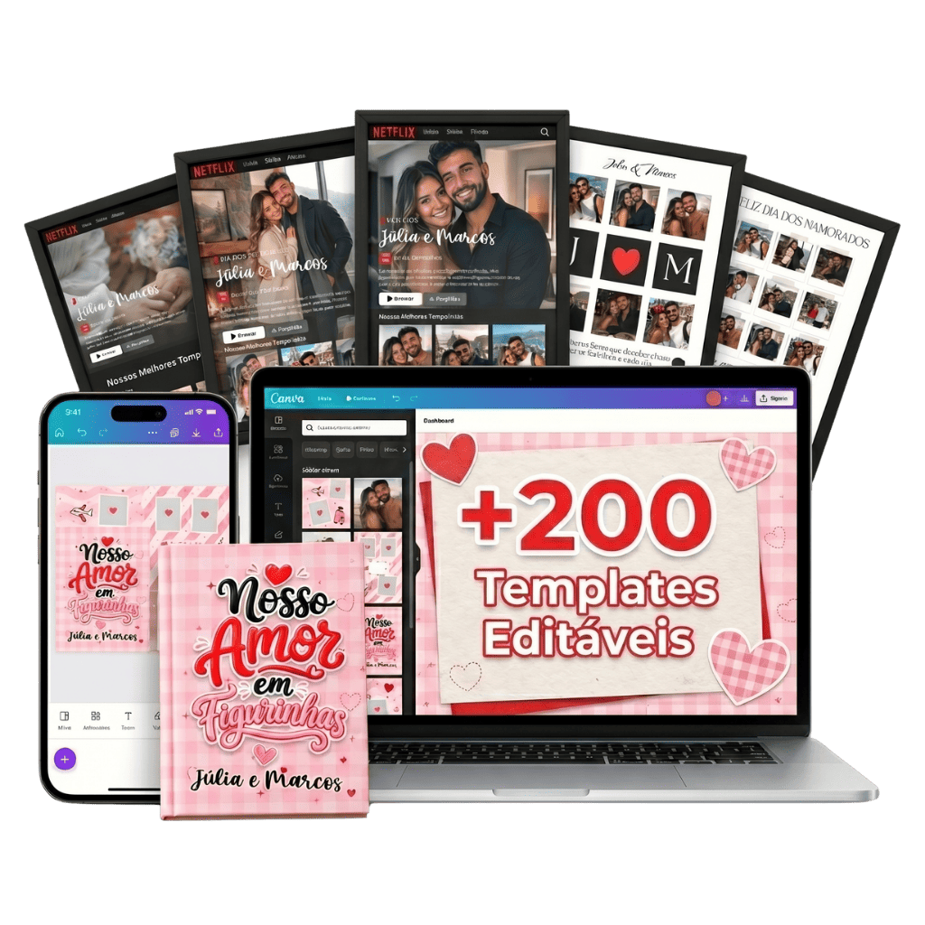 Mockup do Pack: +200 templates editáveis de álbuns e quadros estilo Netflix para Dia dos Namorados